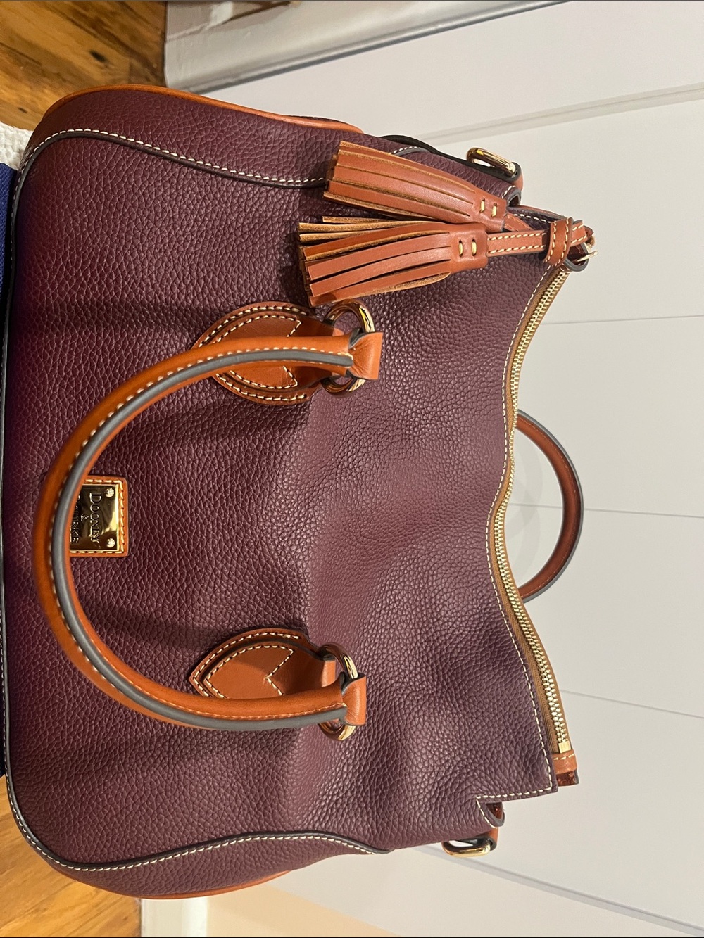 Dooney & Bourke  large Burgundy Pebble Leather Satchel with Tan Trim - Picture 16 of 16